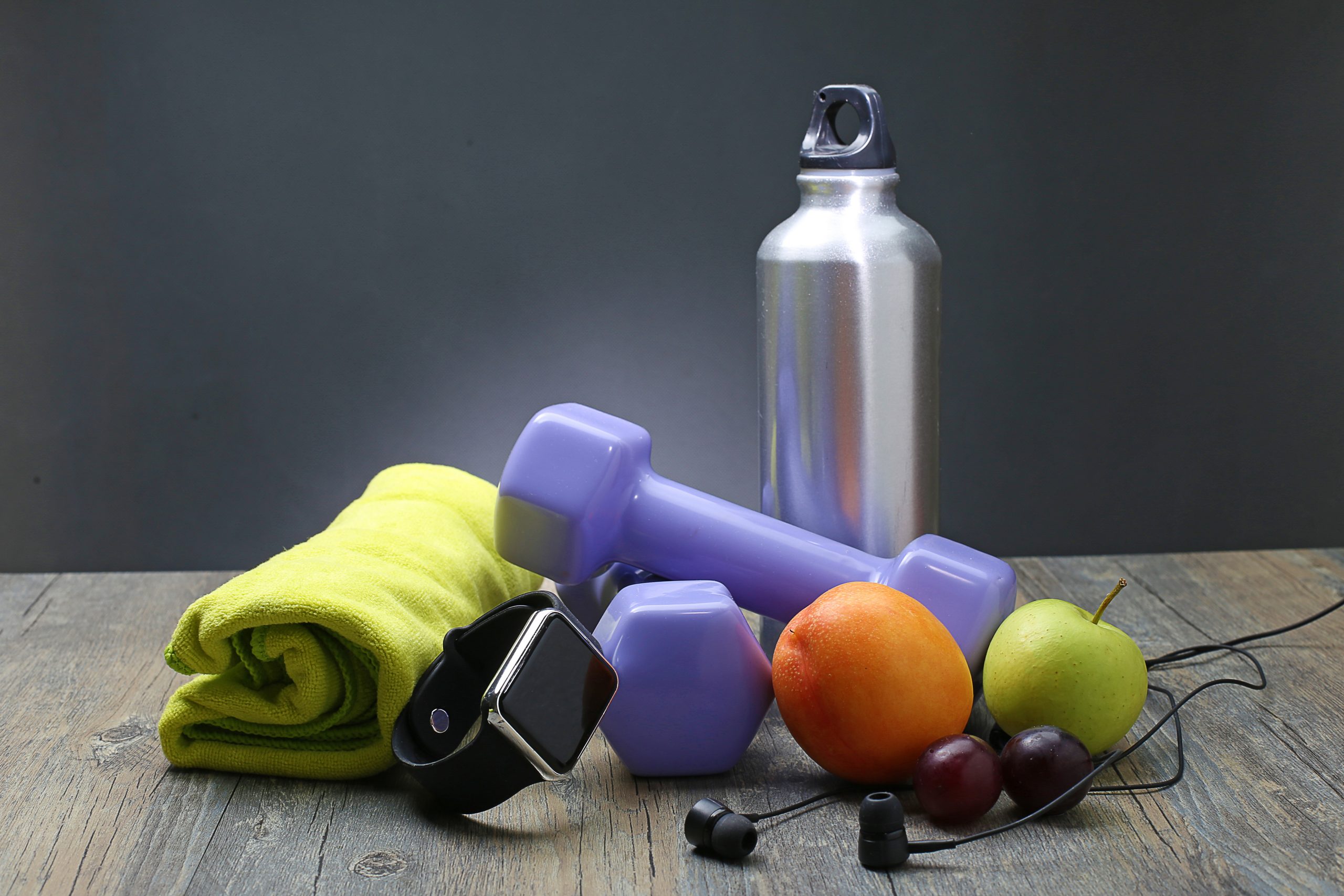 healthy lifestyle dumbbell smart watch fruit scaled
