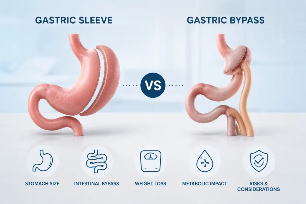 Gastric sleeve vs gastric bypass comparison illustration