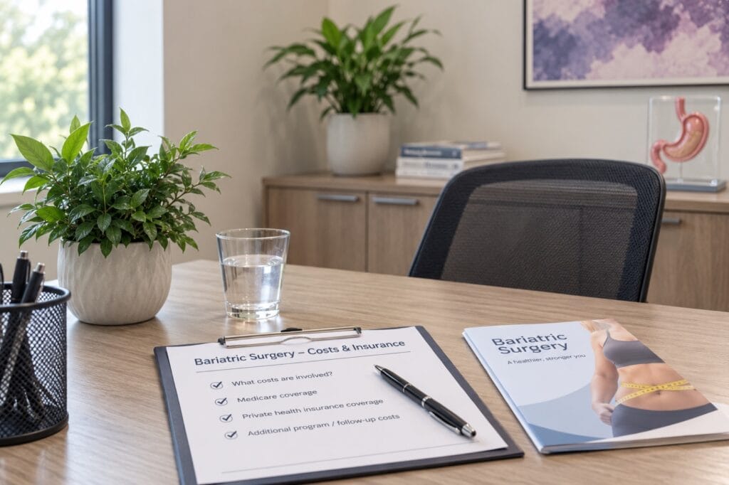 A bariatric surgery costs and insurance checklist on a consulting room desk
