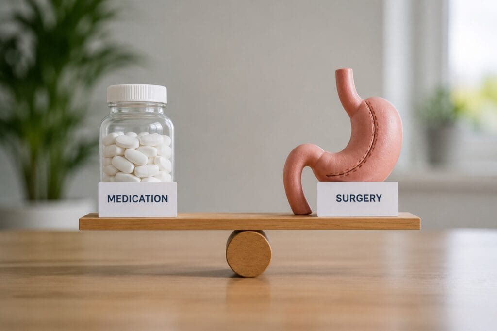 A bottle of tablets and a stomach model balanced on wooden scales