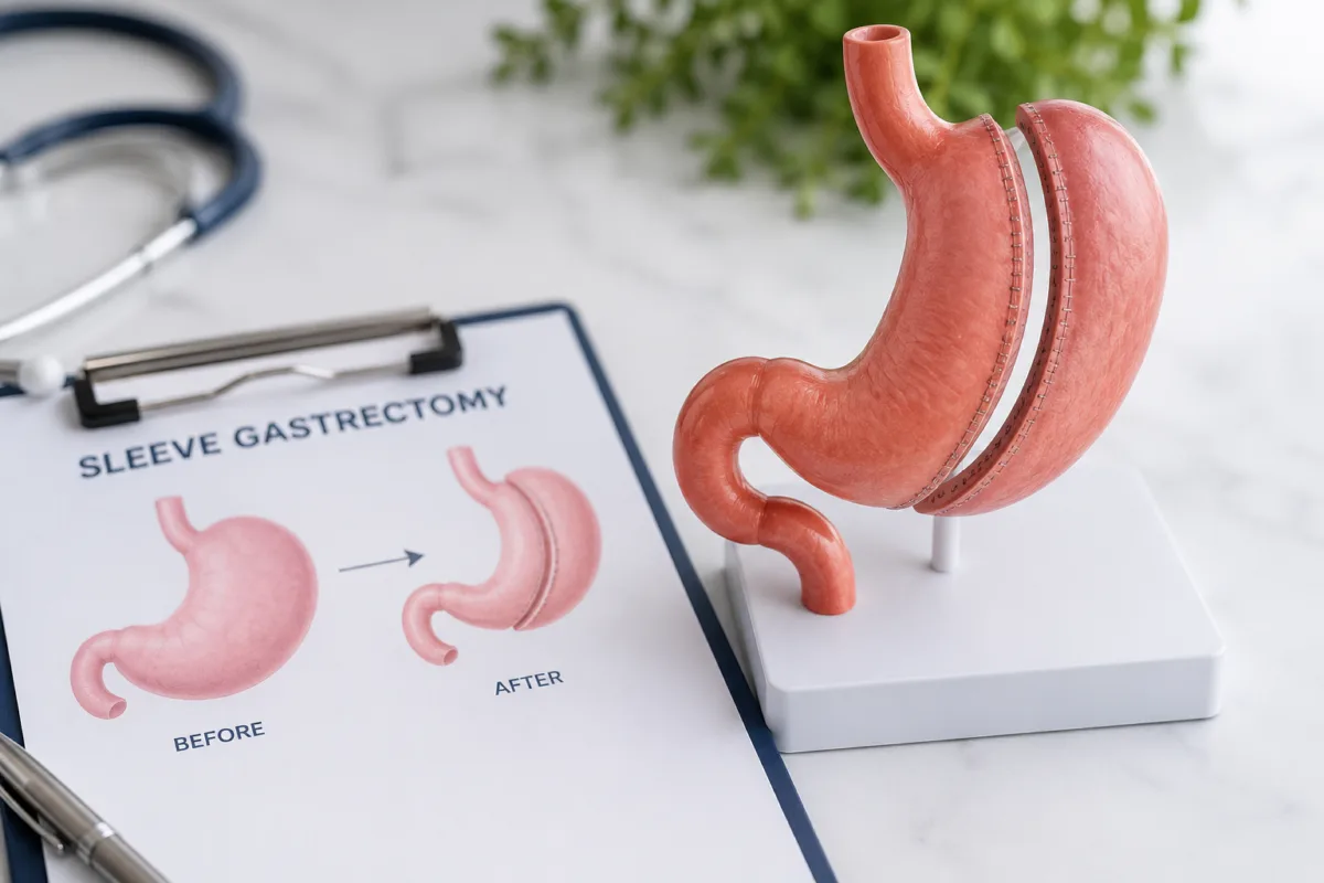 Sleeve gastrectomy illustration showing the stomach reduced to a narrow sleeve