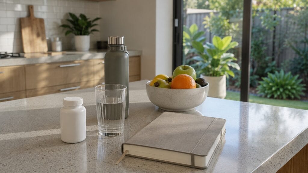 A medication bottle, glass of water and journal on a kitchen bench